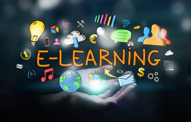 E-öğrenme sunu çizilmiş tutan adam