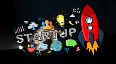 İşadamı kırmızı başlangıç çizim dokunmadan koyu arka plan üzerinde