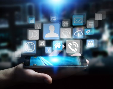Simgeler işadamı telefon üzerinden birbirine bağlı