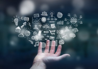 Elle çizilmiş web simgeler tutan işadamı