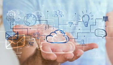 Elle çizilmiş Multimedya simgeler tutan işadamı