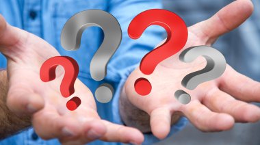 Soru işaretleri 3d render elinde tutan işadamı