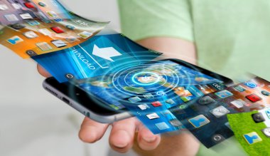 İşadamı modern cihaz 3d rende üzerinde telefon arka plan değiştirme