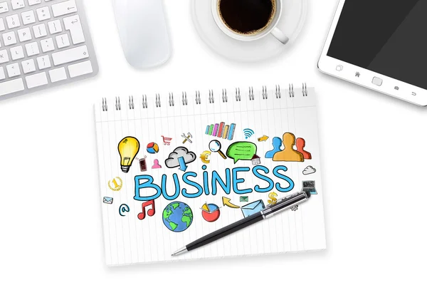 Business text and icons on office background — Stock Photo, Image
