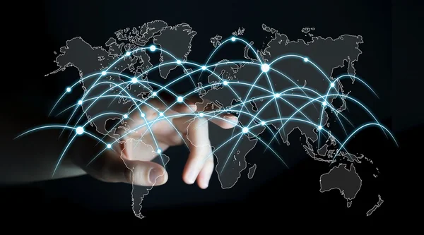 Affärsman som vidrör globala nätverk och data utbyte 3d render — Stockfoto