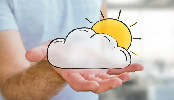 Man met hand getrokken cloud en zon pictogrammen — Stockfoto