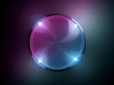 Tuğla duvarda neon tabela modeli. Sokak ışıklarıyla aydınlatılan mavi ve pembe modern tabela.