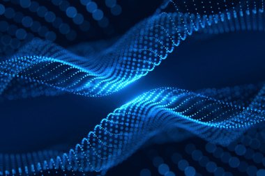 Neon mavisi noktalar koyu arkaplan üzerinde dijital ağ bağlantısı oluşturur.