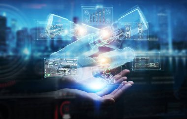 Koyu arkaplan üzerinde insan eli tutarak ve yeşil yenilenebilir enerji bataryasına dokunarak 3D görüntüleme