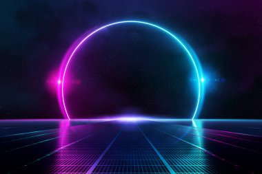 Mavi ve pembe neon ışık çemberine giden soyut arkaplan yolu metalik bir zemin 3D görüntülemesini yansıtıyor