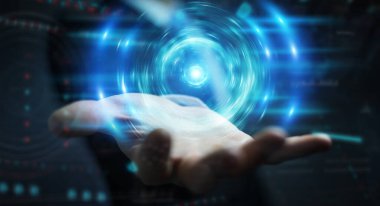 Karanlık arka planda iş adamı yeni bir geleceksel enerji kaynağı yaratıyor. 3D görüntüleme