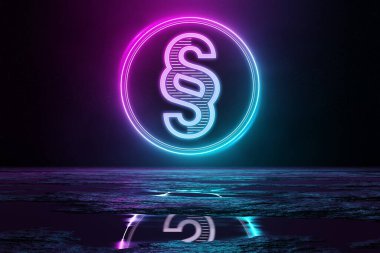 Dijital hukuk holografik ikonu dairesel olarak yeri mavi ve pembe neon ışıkla aydınlatıyor.