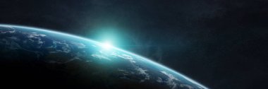 Panoramik gezegen Dünya arka planı. Güneşin doğuşu sırasındaki uzay manzarası NASA tarafından desteklenen bu görüntünün 3 boyutlu görüntüleme elementleri
