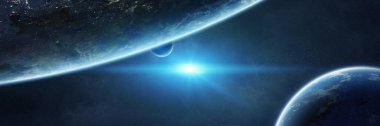 Panoramik uzay gezegenlerinin arka planı. Evrendeki uzak güneş sistemi panoraması NASA tarafından desteklenen bu görüntünün 3 boyutlu görüntüleme elementleriyle donatılmıştır.