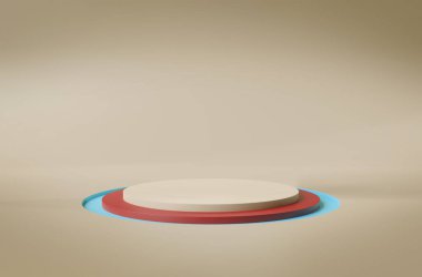 Turuncu sahne arka planı. Boş dairesel platformun maketi. Soyut geometrik kaide. 3B görüntüleme
