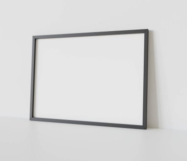 Siyah dikdörtgen çerçeve, iç modelin beyaz zeminine dayanıyor. 3 boyutlu bir resimde çerçevelenmiş bir resmin şablonu