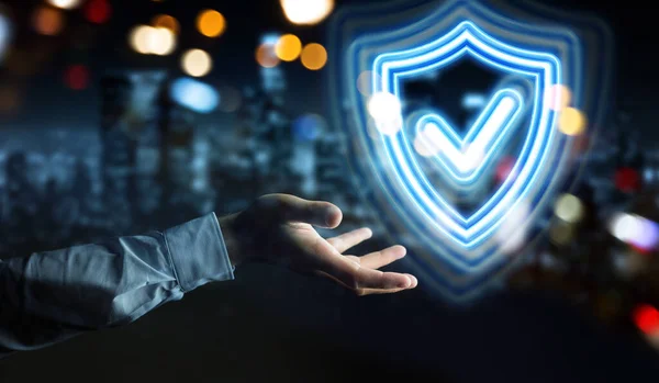 Hombre Mano Sobre Fondo Oscuro Usando Protección Escudo Digital Azul —  Fotos de Stock