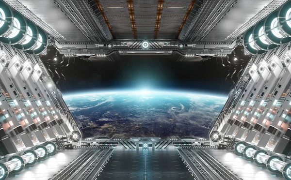 Wit Zilver Futuristisch Ruimteschip Interieur Met Raamzicht Planeet Aarde Rendering — Stockfoto