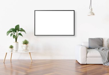 Parlak beyaz oturma odasında asılı duran yatay çerçeve. Bitkiler ve dekorasyonlar 3D tasarımı.