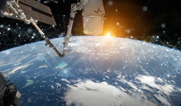 Les Satellites Envoient Des Échanges Données Système Connexions Futuristes Travers — Photo