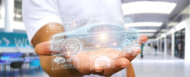 Bulanık arka planda tutulan ve holografik akıllı araba arayüzü projeksiyonuna dokunan adam 3D görüntüleme