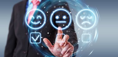 Müşteri memnuniyeti derecelendirme arayüzü 3D görüntüleme kullanarak bulanık arkaplan üzerindeki kullanıcı