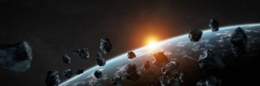 Panoramik uzay gezegenlerinin arka planı. Evrendeki uzak güneş sistemi panoraması NASA tarafından desteklenen bu görüntünün 3 boyutlu görüntüleme elementleriyle donatılmıştır.