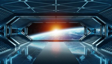 Koyu mavi uzay gemisi, NASA tarafından döşenmiş bu görüntünün 3 boyutlu pencere görüşlü fütüristik iç mekanı.