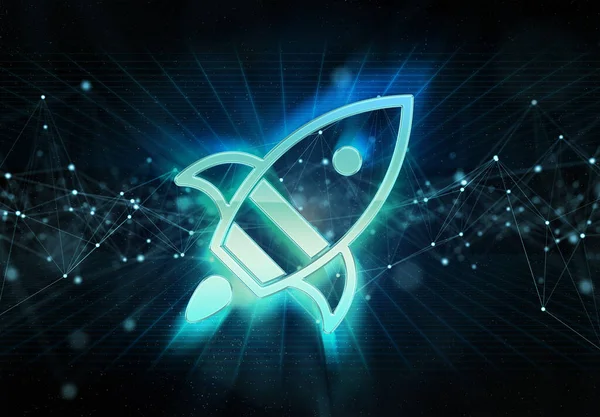 Cyfrowa Ikona Holograficzna Statku Kosmicznego Pęka Niebiesko Zielone Światło Neonowe — Zdjęcie stockowe