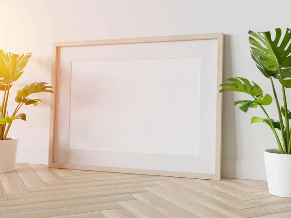 Wooden frame leaning on floor in interior with plants mockup. Template of a picture framed on a wall 3D rendering