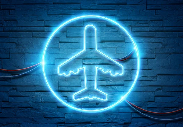 Ikona Neonowych Lamp Samolotowych Oświetlająca Ceglaną Ścianę Niebieskim Świecącym Światłem — Zdjęcie stockowe