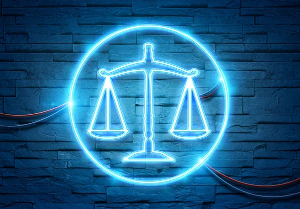 Law Scale Neon Tubes Icoon Verlicht Een Bakstenen Muur Met — Stockfoto