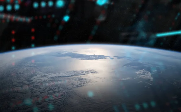 美国国家航空航天局提供的日出期间从空间站窗口观看蓝色行星地球的3D图像 — 图库照片