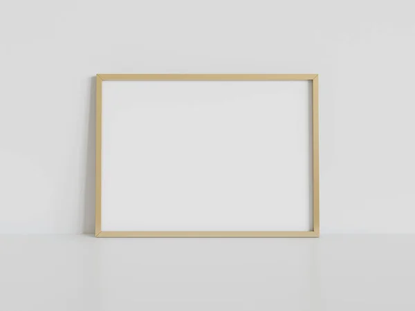 Cadre Rectangulaire Doré Appuyé Sur Plancher Blanc Dans Une Maquette — Photo