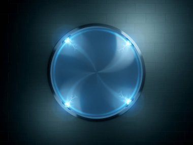 Tuğla duvarda neon tabela modeli. Sokak ışıklarıyla aydınlatılmış mavi modern tabela.