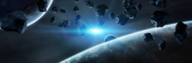 Panoramik uzay gezegenlerinin arka planı. Evrendeki uzak güneş sistemi panoraması NASA tarafından desteklenen bu görüntünün 3 boyutlu görüntüleme elementleriyle donatılmıştır.