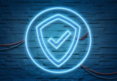 Web güvenlik neon tüpleri simgesi mavi ve pembe parlayan 3D renkle tuğla bir duvarı aydınlatıyor