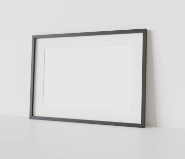 Siyah dikdörtgen çerçeve, iç modelin beyaz zeminine dayanıyor. 3 boyutlu bir resimde çerçevelenmiş bir resmin şablonu