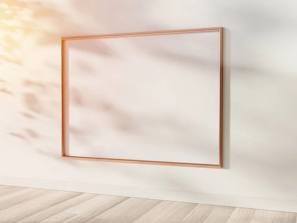 黄金のフレームの明るいインテリアモックアップにぶら下がっている 太陽の光を浴びて壁に額装された画像のテンプレート3Dレンダリング — ストック写真