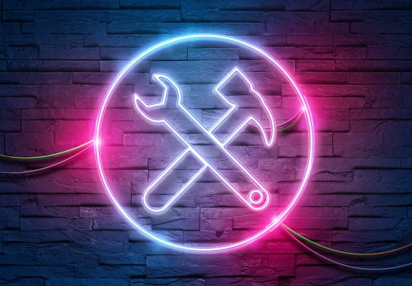 Tool Neon Tubes Icon Illuminating Brick Wall Blue Pink Glowing — Stock Photo, Image