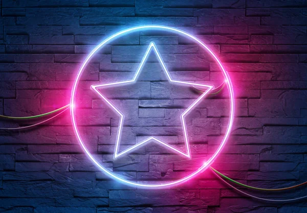 Ikona Hvězdných Neonových Trubic Osvětlující Cihlovou Stěnu Modrým Růžovým Zářícím — Stock fotografie
