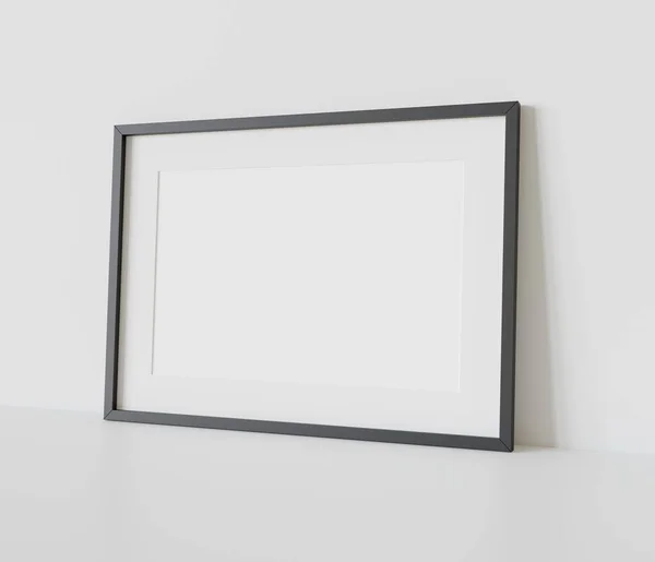 Μαύρο Ορθογώνιο Πλαίσιο Ακουμπισμένο Λευκό Δάπεδο Στο Εσωτερικό Mockup Πρότυπο — Φωτογραφία Αρχείου