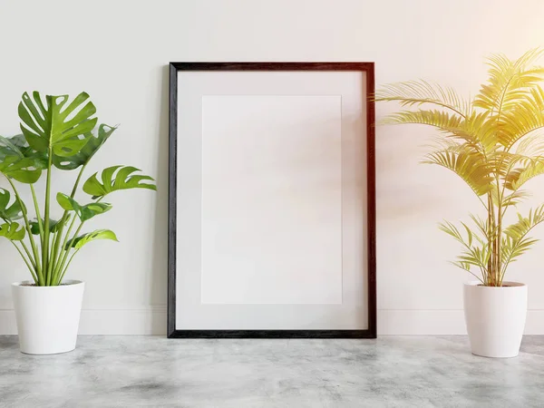 Black frame leaning on floor in interior with plants mockup. Template of a picture framed on a wall 3D rendering