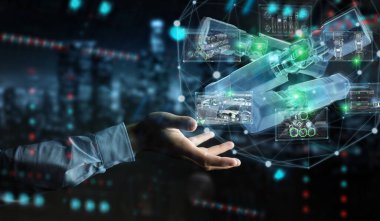 Koyu arkaplan üzerinde insan eli tutarak ve yeşil yenilenebilir enerji bataryasına dokunarak 3D görüntüleme