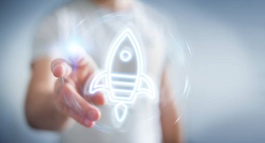 Başlangıçta dijital neon arayüzü kullanan bulanık arkaplan üzerindeki adam 3B oluşturma