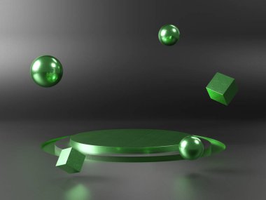 Siyah arka planda yüzen elementlerle sahne podyumu. Boş dairesel platformun maketi. Soyut geometrik kaide. 3B görüntüleme