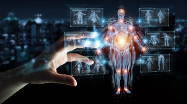 İnsan eli bulanık arkaplanda dijital x-ray insan vücudu holografik tarama projeksiyonu 3D