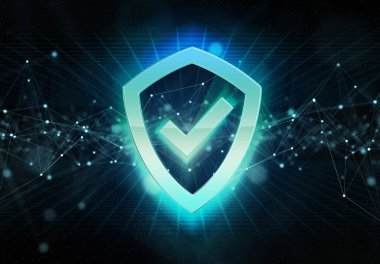 Dijital siber güvenlik holografik simgesi mavi ve yeşil neon ışık ve dijital bağlantı 3D görüntüleme