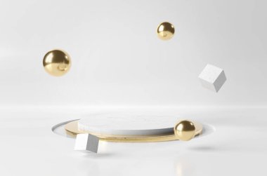 Yüzen elementlerle sahne arkası. Boş dairesel platformun maketi. Soyut geometrik kaide. 3B görüntüleme