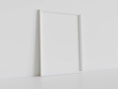 Beyaz dikdörtgen çerçeve, iç modelin beyaz zeminine dayanıyor. 3 boyutlu bir resimde çerçevelenmiş bir resmin şablonu